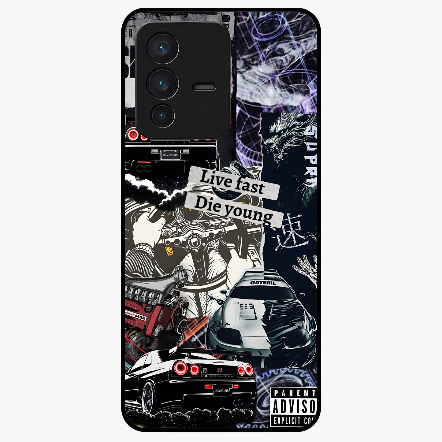 Die Young Glass Case showing flat back view with bold artistic typography design and glossy glass finish.