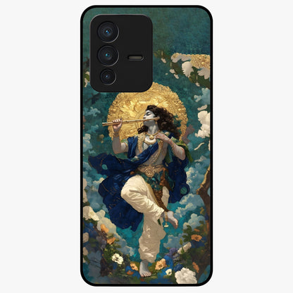 Divine Krishna Art Glass Case showing flat back view with Lord Krishna artwork and glossy glass finish.