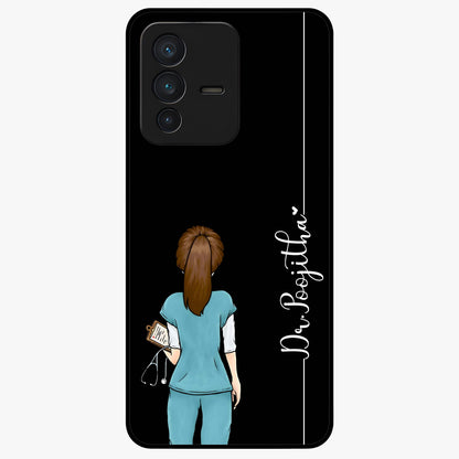 Doctor Pattern Custom Name Glass Case showing flat back view with medical themed pattern and personalized name design.