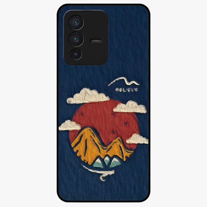 Dream Beyond Mountains Glass Case showing flat back view with scenic mountain landscape artwork and glossy glass finish.