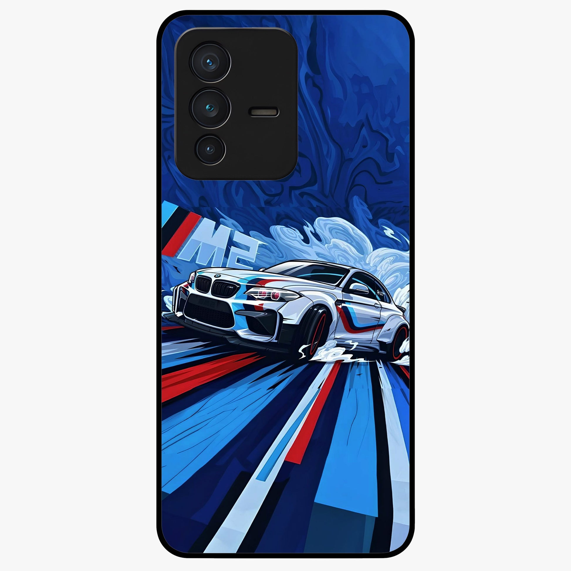 Drift Power Rush Glass Case showing flat back view with dynamic racing inspired artwork and glossy glass finish.
