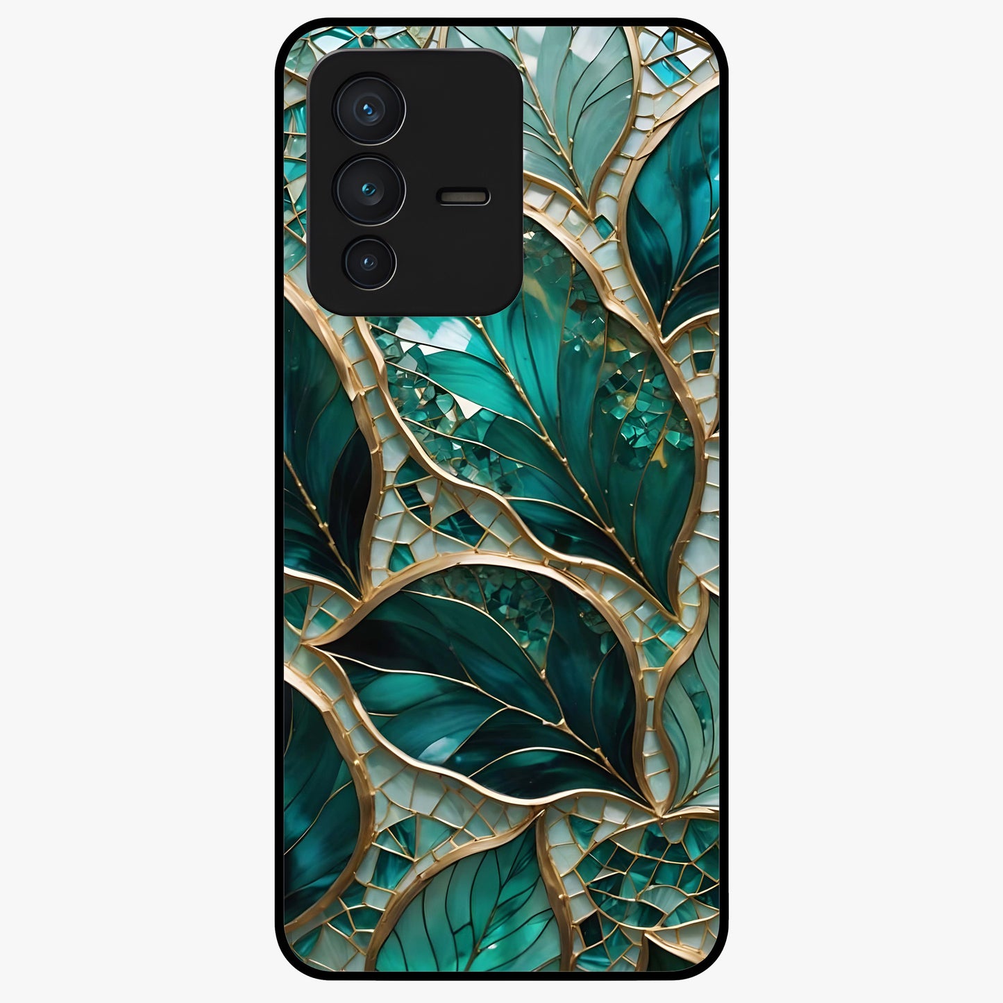 Emerald Leaf Glass Glass Case showing flat back view with emerald green leaf artwork and glossy glass finish.
