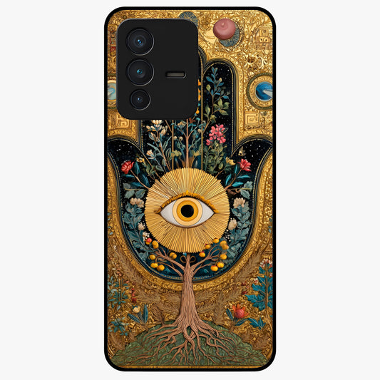 Ethereal Evil Eye Glass Case showing flat back view with mystical evil eye artwork and glossy glass finish.