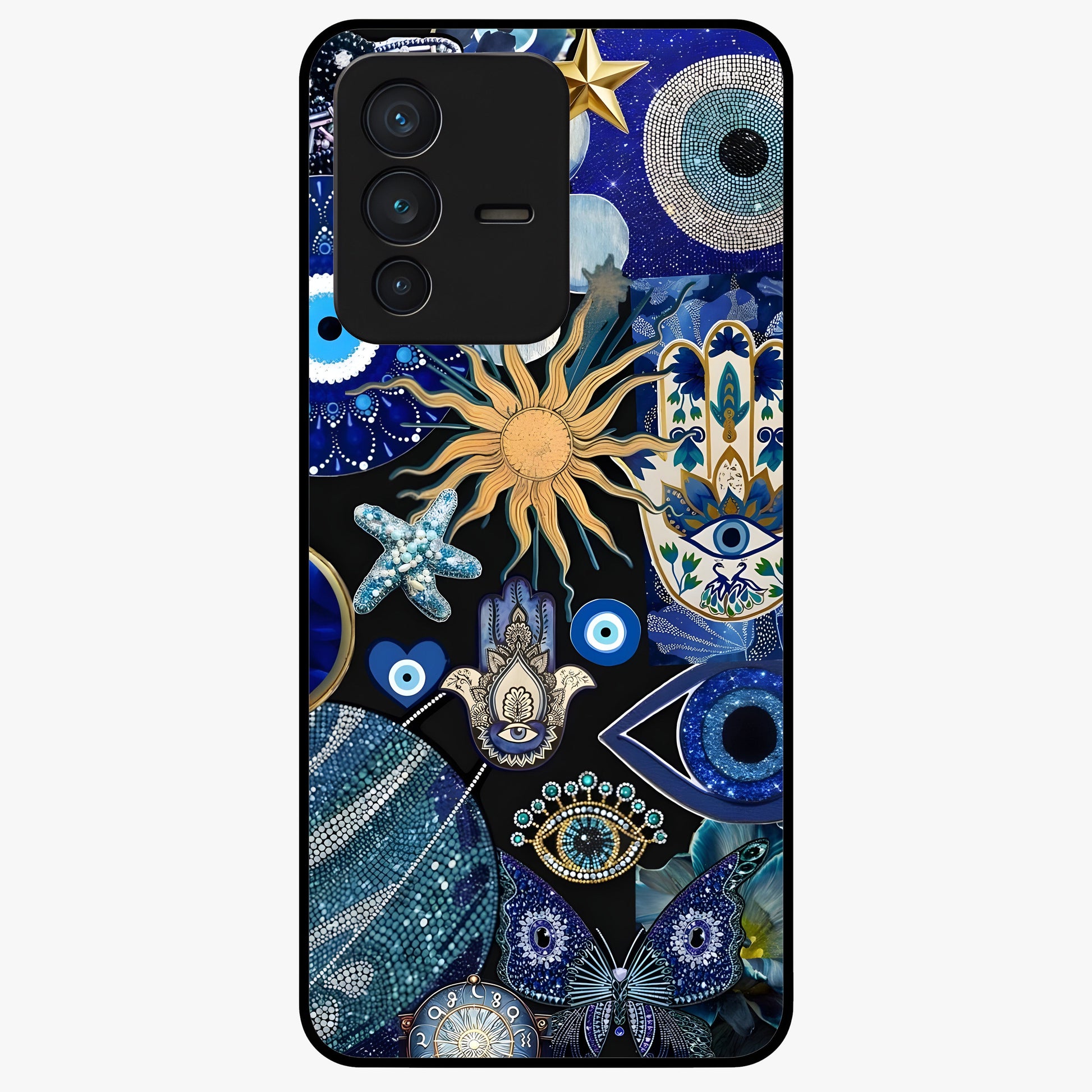 Evil Eye Charm Mix Glass Case showing flat back view with multiple evil eye charms artwork and glossy glass finish.
