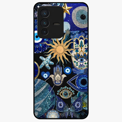 Evil Eye Charm Mix Glass Case showing flat back view with multiple evil eye charms artwork and glossy glass finish.