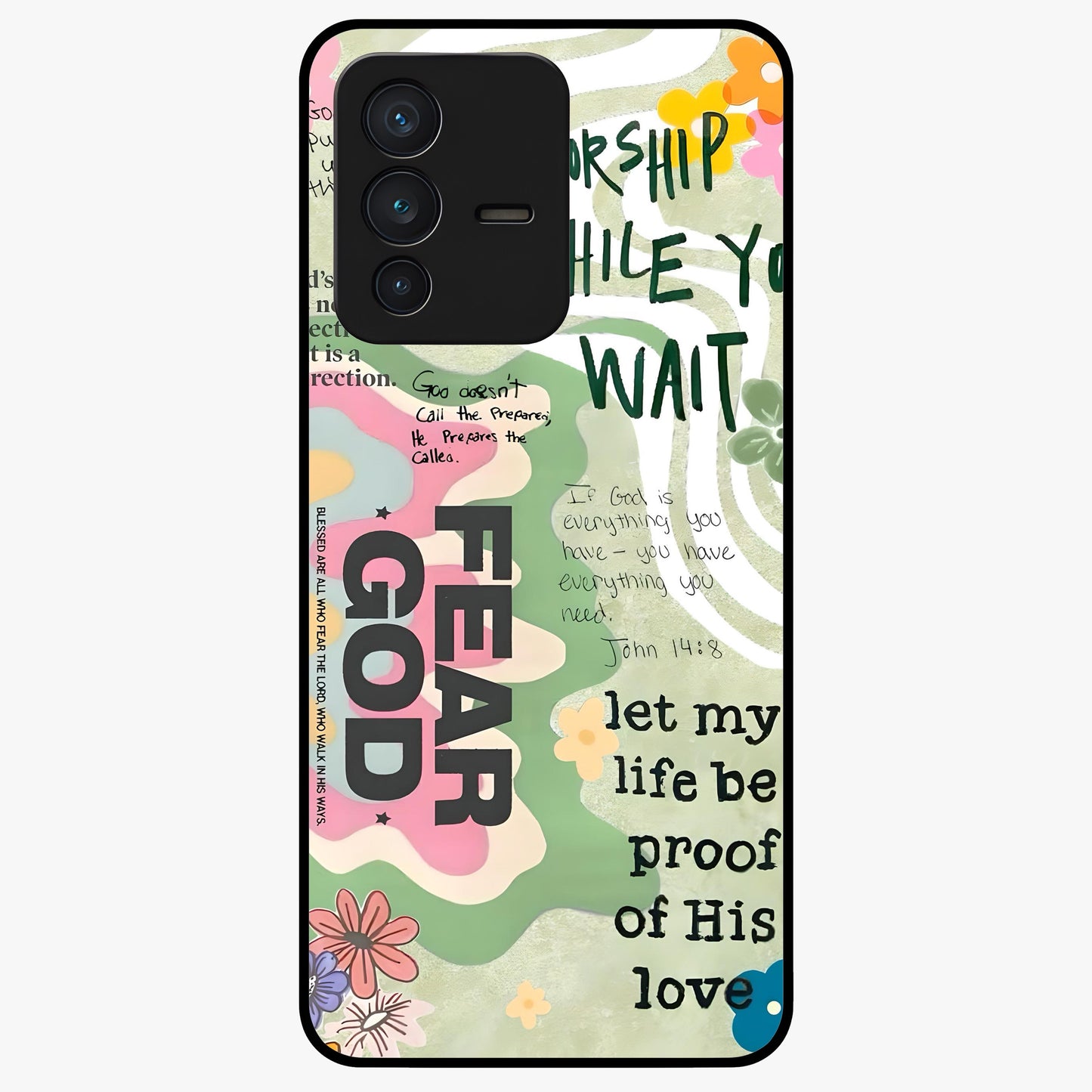 Faith Over Fear Glass Case showing flat back view with motivational typography artwork and glossy glass finish.