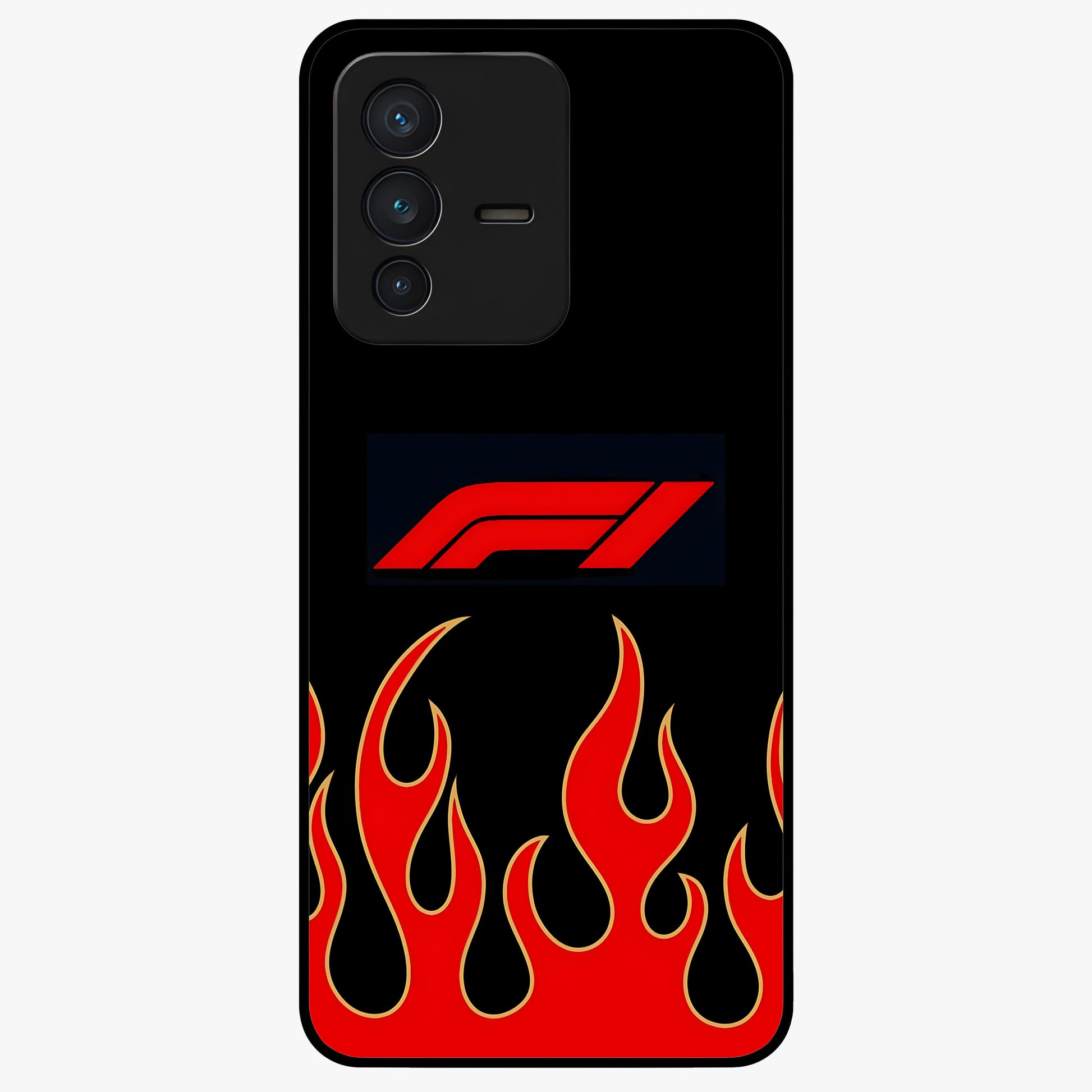 Fire F11 Glass Case showing flat back view with fiery themed artwork and glossy glass finish.