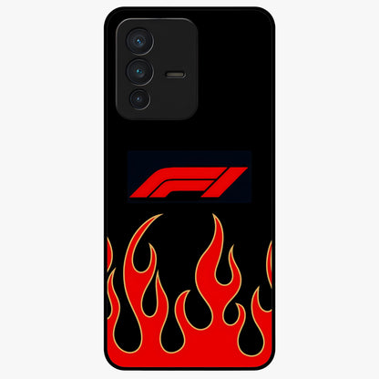 Fire F11 Glass Case showing flat back view with fiery themed artwork and glossy glass finish.