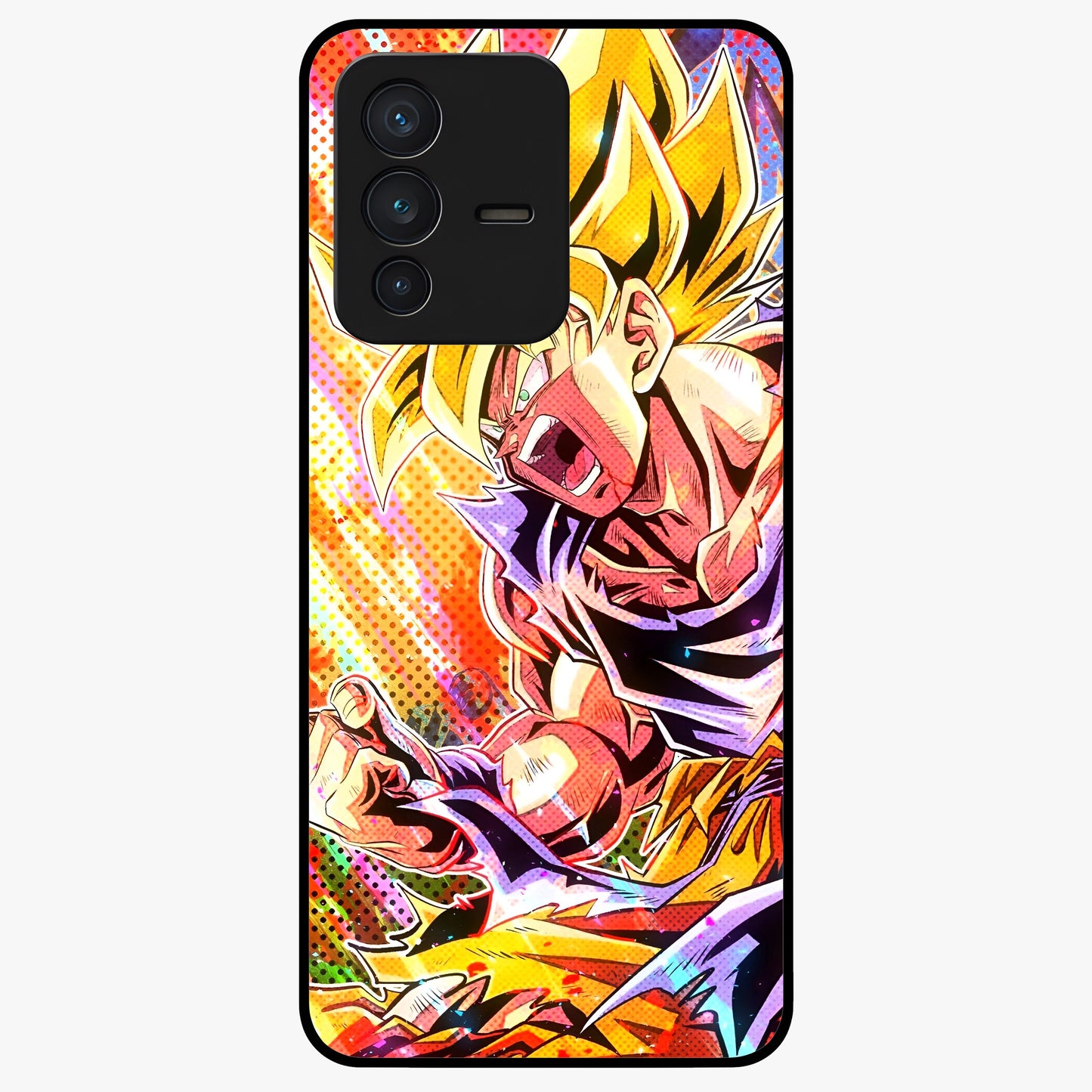 Firing Goku Glass Case showing flat back view with powerful anime inspired artwork and glossy glass finish.
