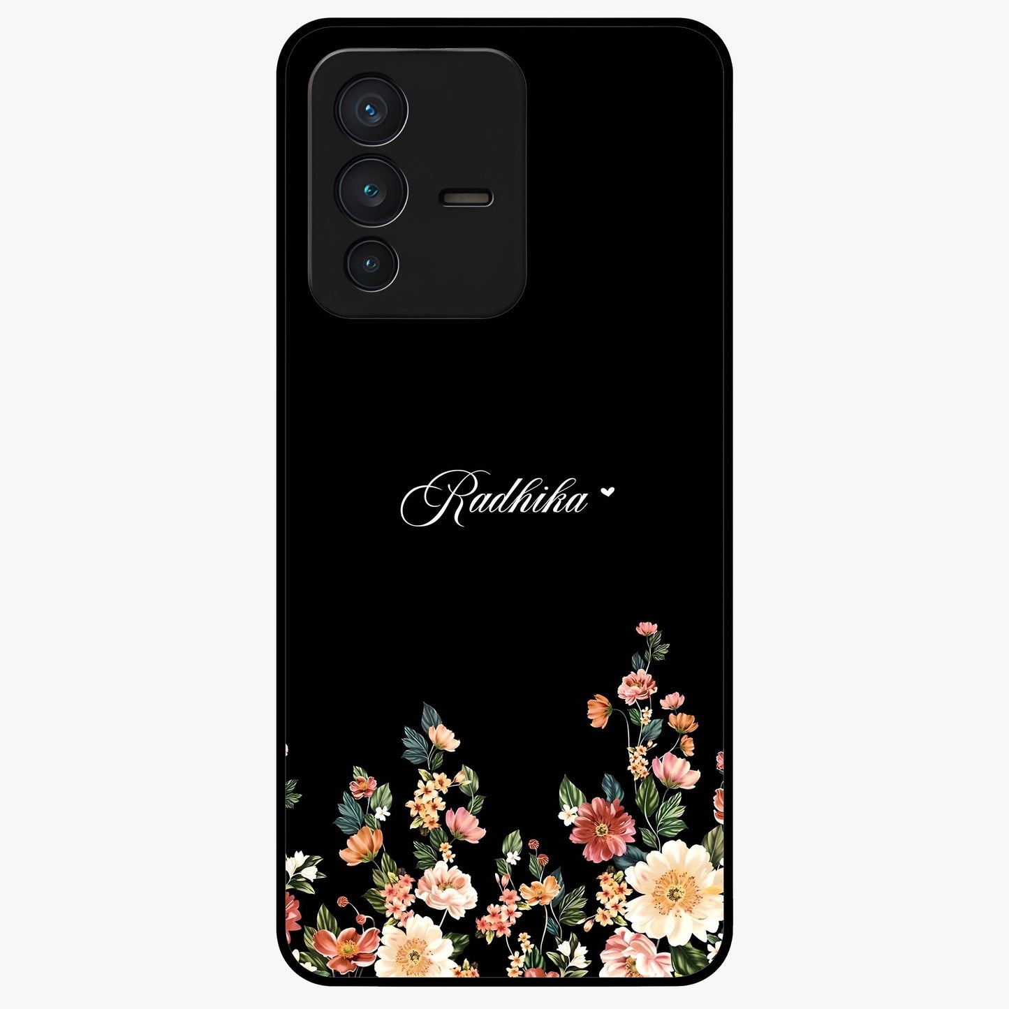 Floral Design With a Custom Personalized Name Glass Case showing flat back view with floral artwork and personalized name design.