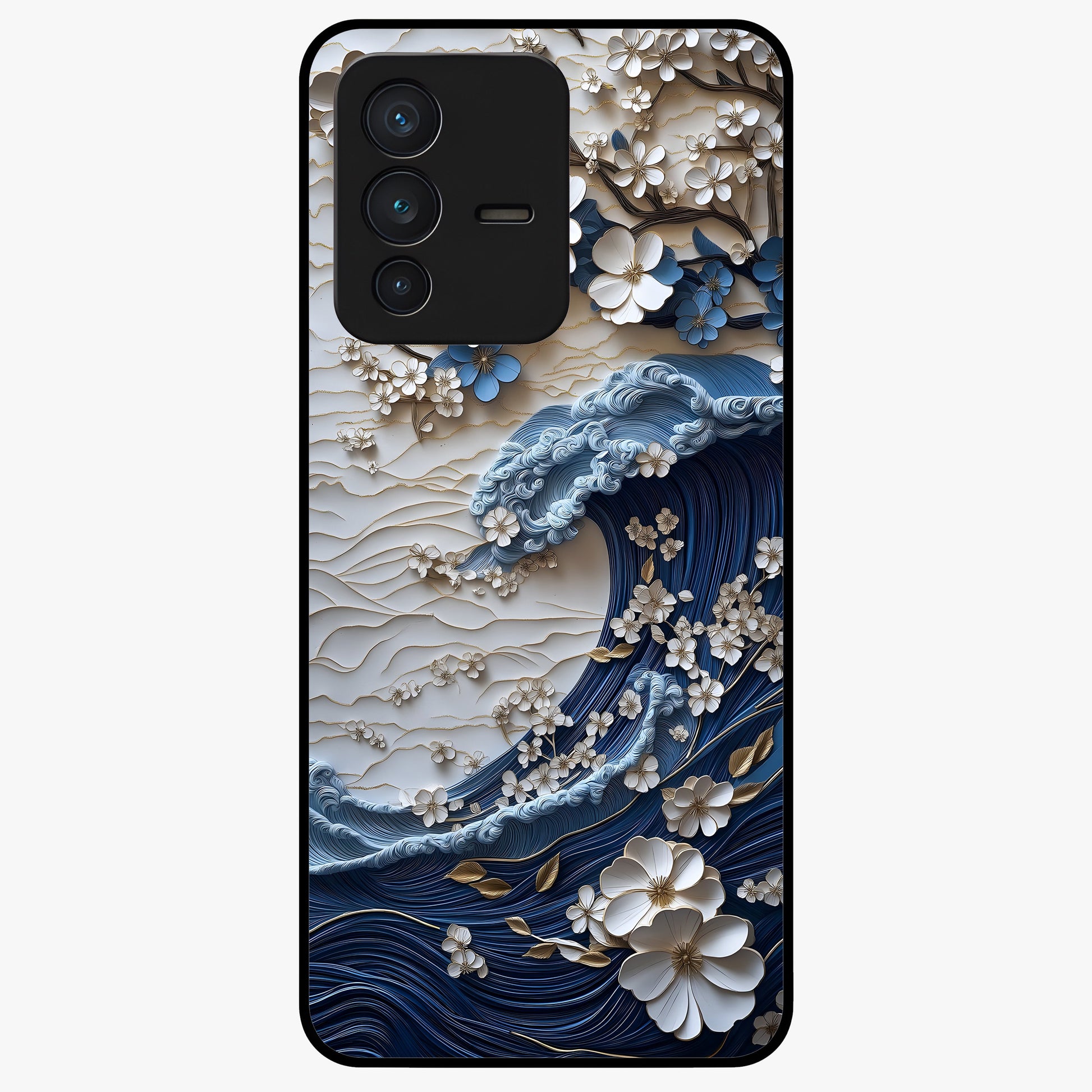 Floral Wave Origami Glass Case showing flat back view with origami inspired floral wave artwork and glossy glass finish.