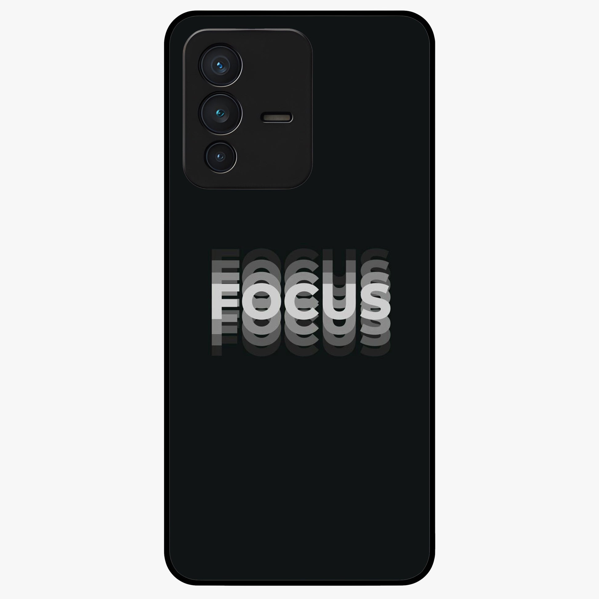 Focus Mode On Glass Case showing flat back view with bold motivational typography design and glossy glass finish.