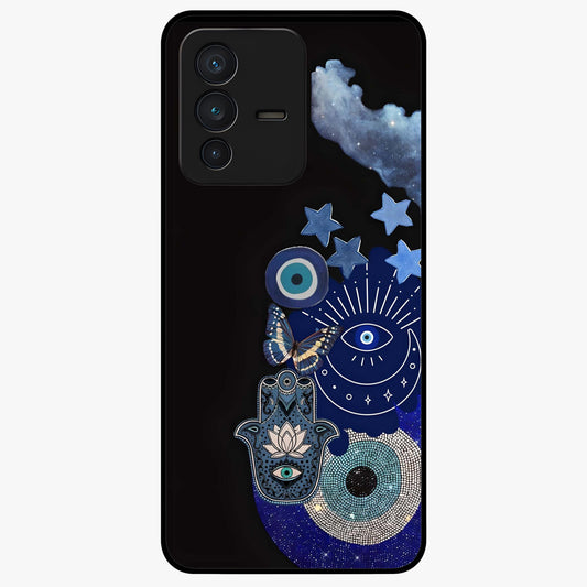 Galactic Charm Cluster Glass Case showing flat back view with glowing celestial charm artwork and glossy glass finish.