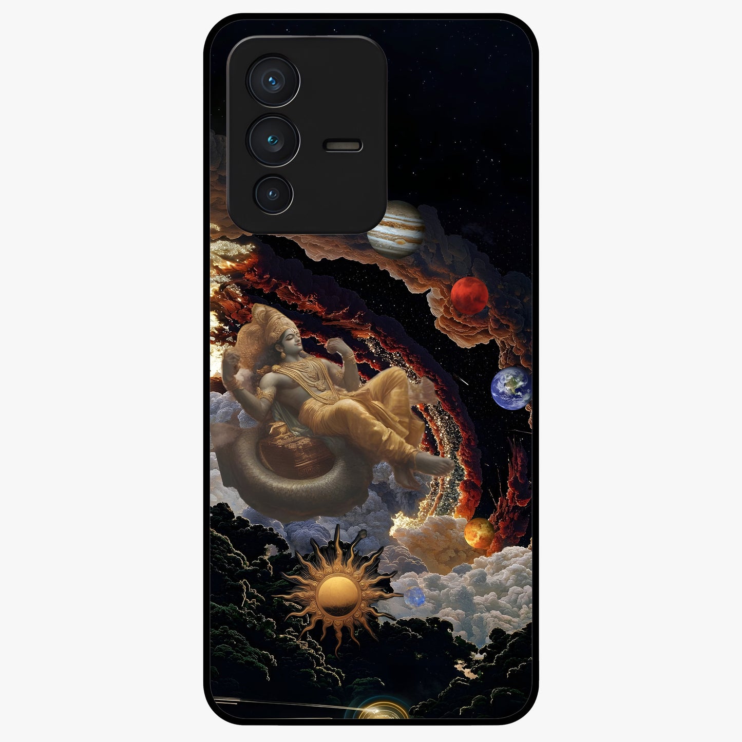Galactic Divine God Glass Case showing flat back view with divine cosmic themed artwork and glossy glass finish.