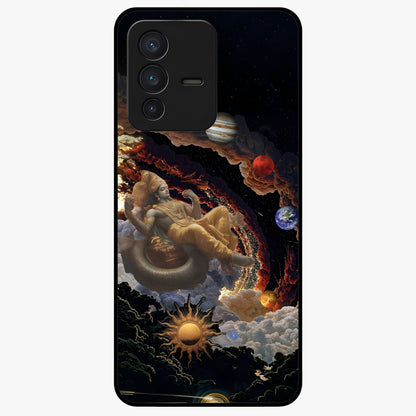 Galactic Divine God Glass Case showing flat back view with divine cosmic themed artwork and glossy glass finish.