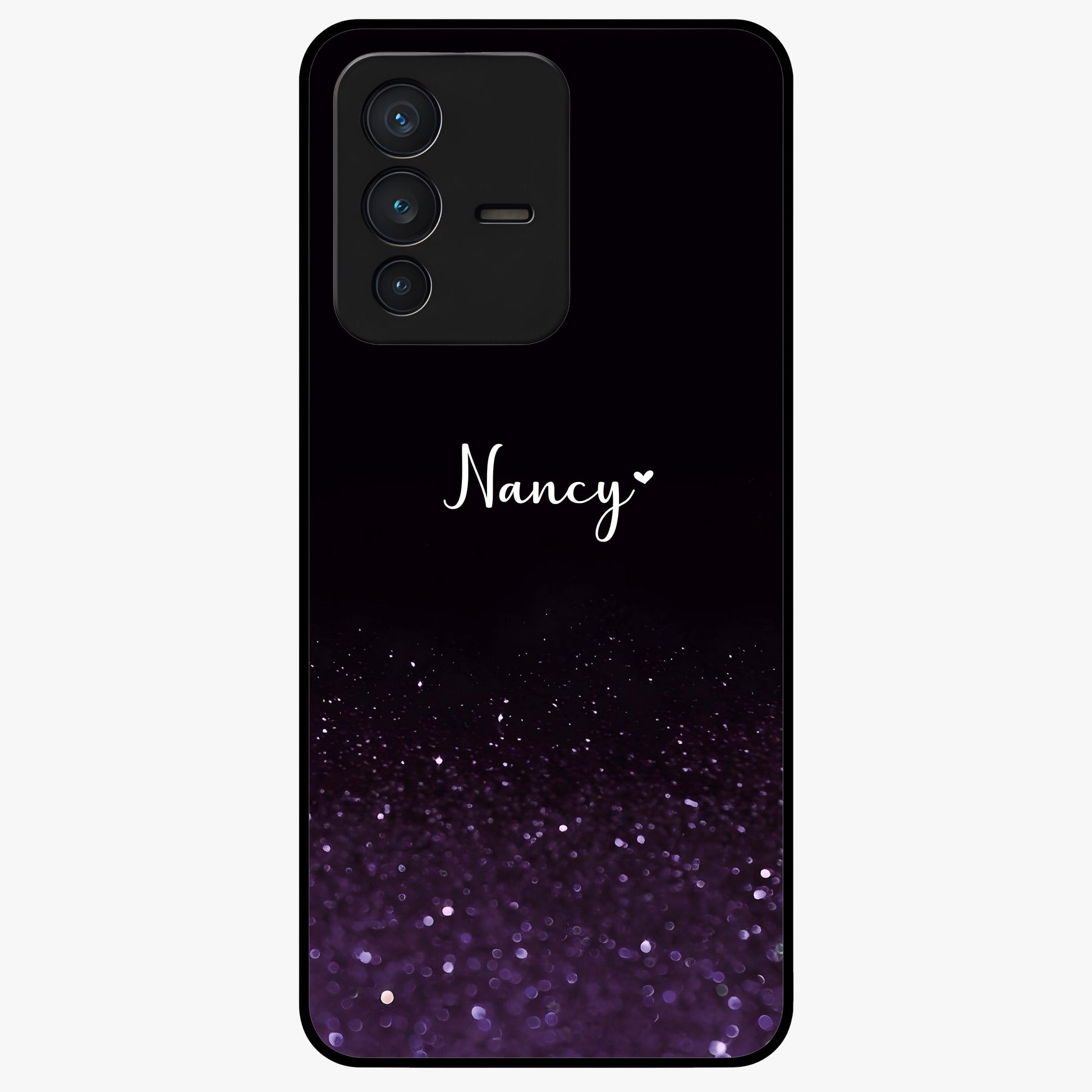 Glittery Purple Bokeh Custom Name Glass Case showing flat back view with purple bokeh sparkle artwork and personalized name design.