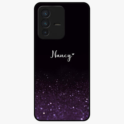 Glittery Purple Bokeh Custom Name Glass Case showing flat back view with purple bokeh sparkle artwork and personalized name design.