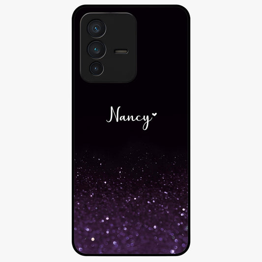 Glittery Purple Bokeh Custom Name Glass Case showing flat back view with purple bokeh sparkle artwork and personalized name design.