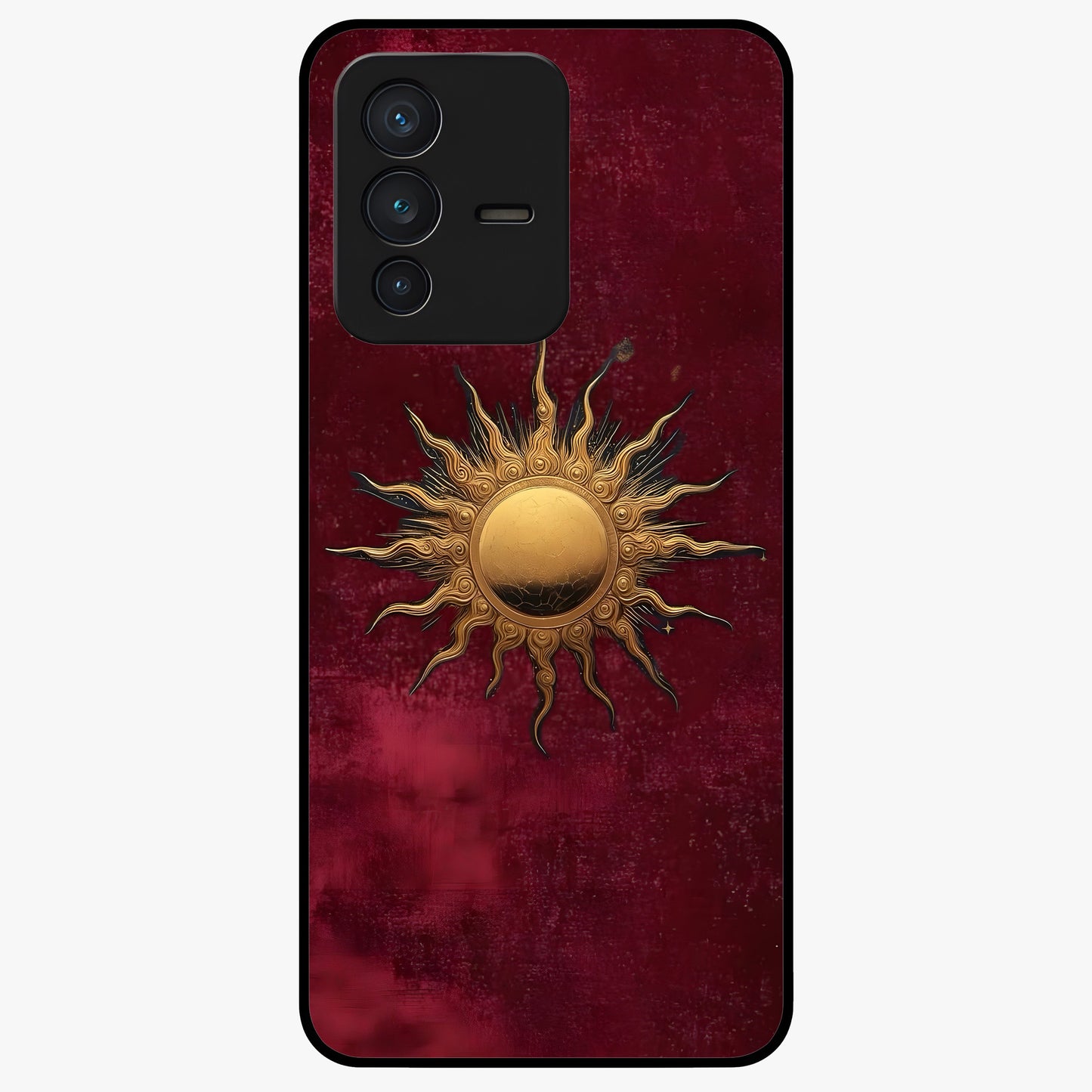 Gold Sun Blush Glass Case showing flat back view with golden sun inspired artwork and glossy glass finish.