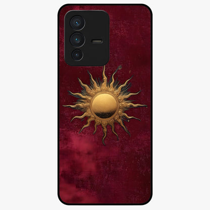 Gold Sun Blush Glass Case showing flat back view with golden sun inspired artwork and glossy glass finish.