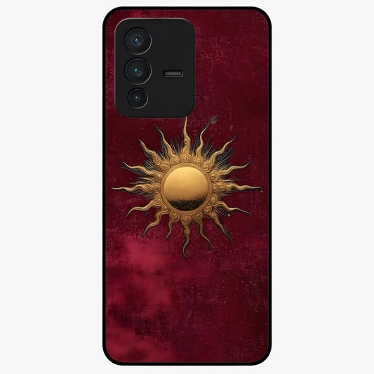 Gold Sun Blush Glass Case showing flat back view with golden sun inspired artwork and glossy glass finish.