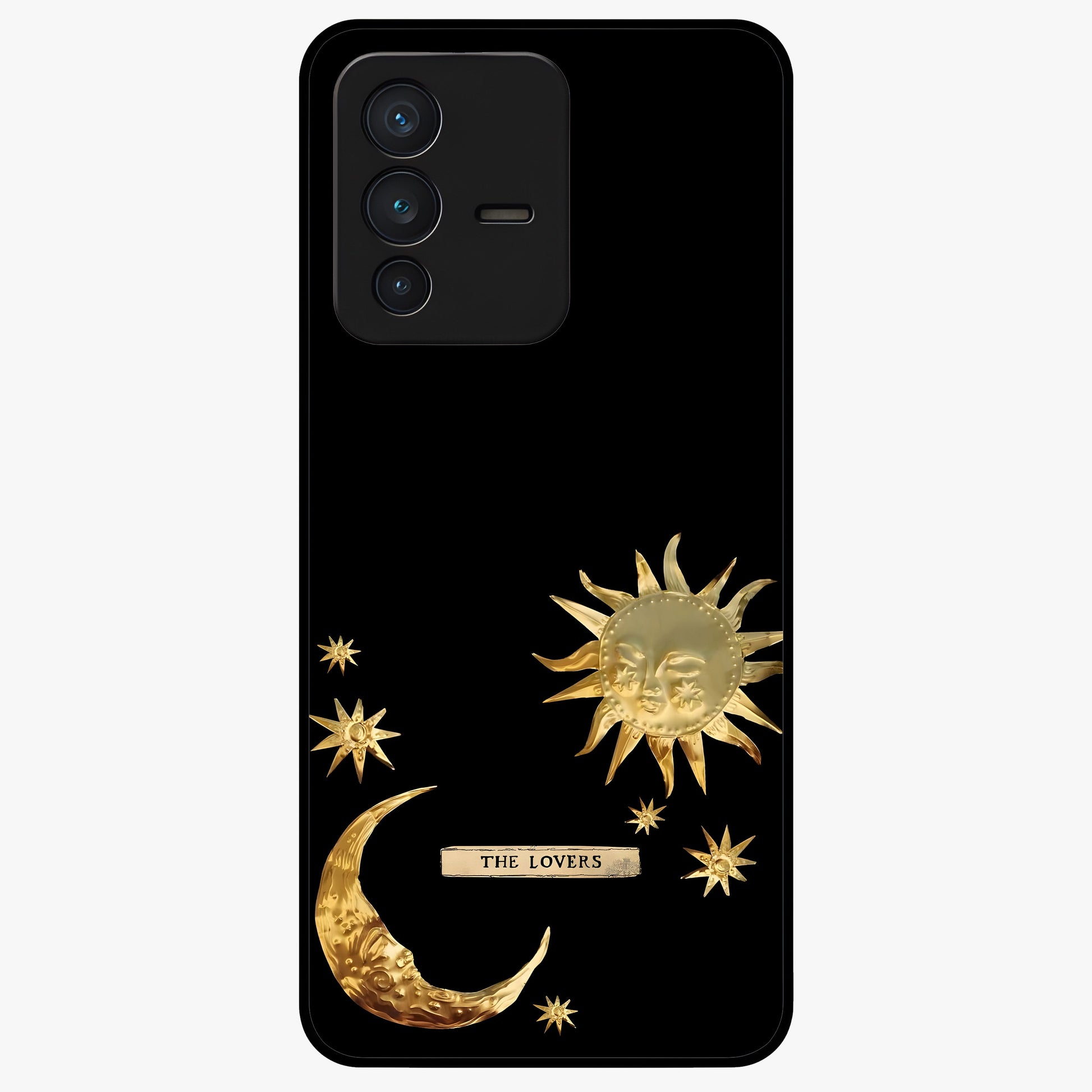 Golden Celestial Charm Glass Case showing flat back view with golden celestial charm artwork and glossy glass finish.