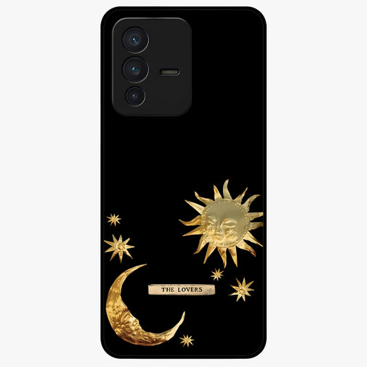 Golden Celestial Charm Glass Case showing flat back view with golden celestial charm artwork and glossy glass finish.