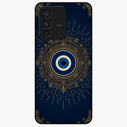 Golden Evil Eye Mandala Glass Case showing flat back view with intricate evil eye mandala artwork and glossy glass finish.