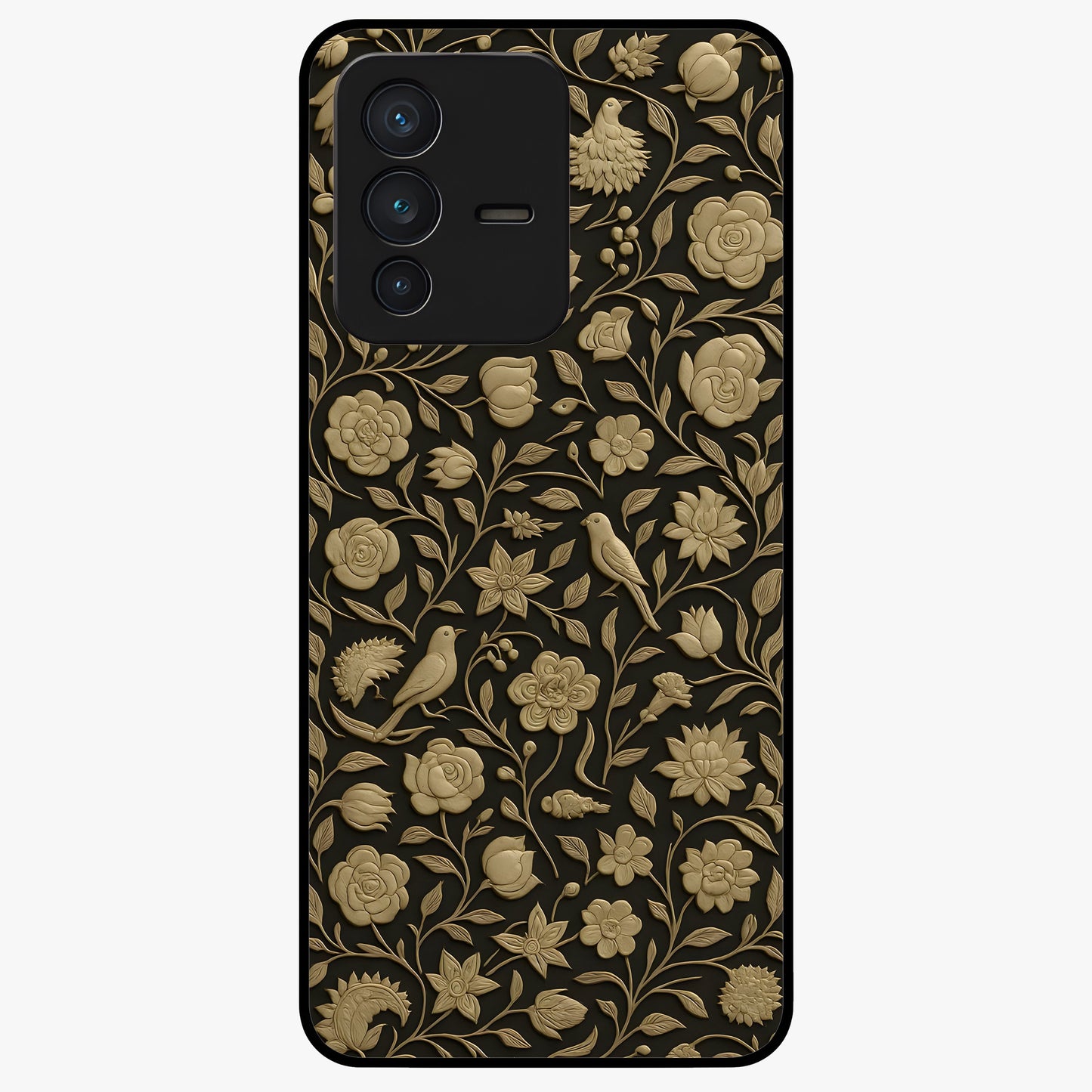 Golden Floral Majesty Glass Case showing flat back view with luxurious golden floral artwork and glossy glass finish.