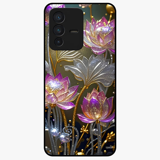 Golden Lotus Glow Glass Case showing flat back view with glowing lotus flower artwork and glossy glass finish.