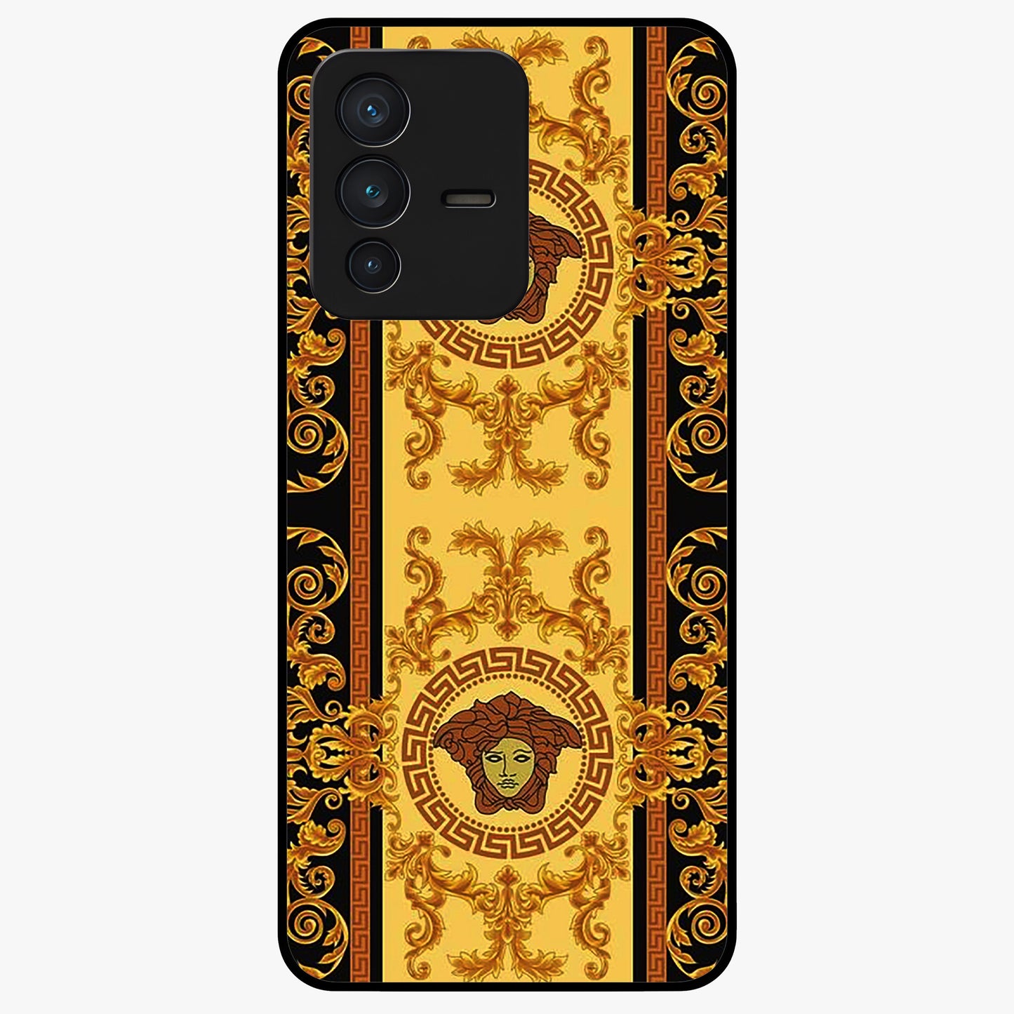Golden Royal Heritage Glass Case showing flat back view with ornate royal pattern artwork and glossy glass finish.