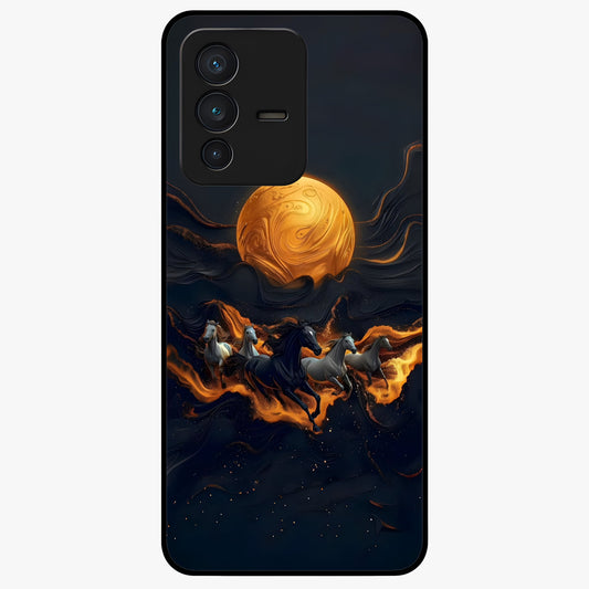 Golden Stallion Moonride Glass Case showing flat back view with majestic horse under moonlight artwork and glossy glass finish.