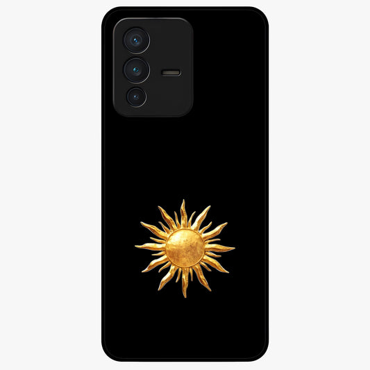 Golden Sun Minimalism Glass Case showing flat back view with minimal golden sun artwork and glossy glass finish.