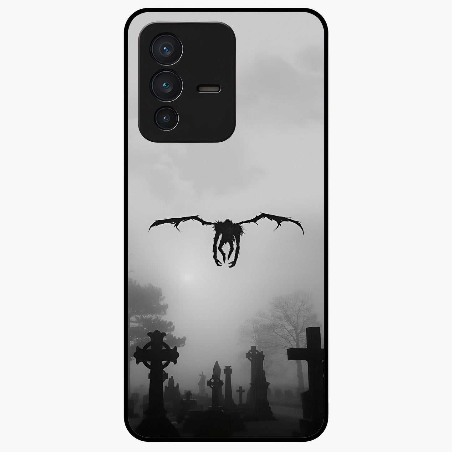 Graveyard Shadow Descent Glass Case showing flat back view with dark graveyard themed artwork and glossy glass finish.