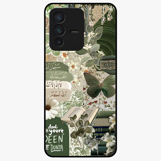 Green Islamic Books Quotes Glass Case showing flat back view with Islamic quotes and book themed artwork and glossy glass finish.