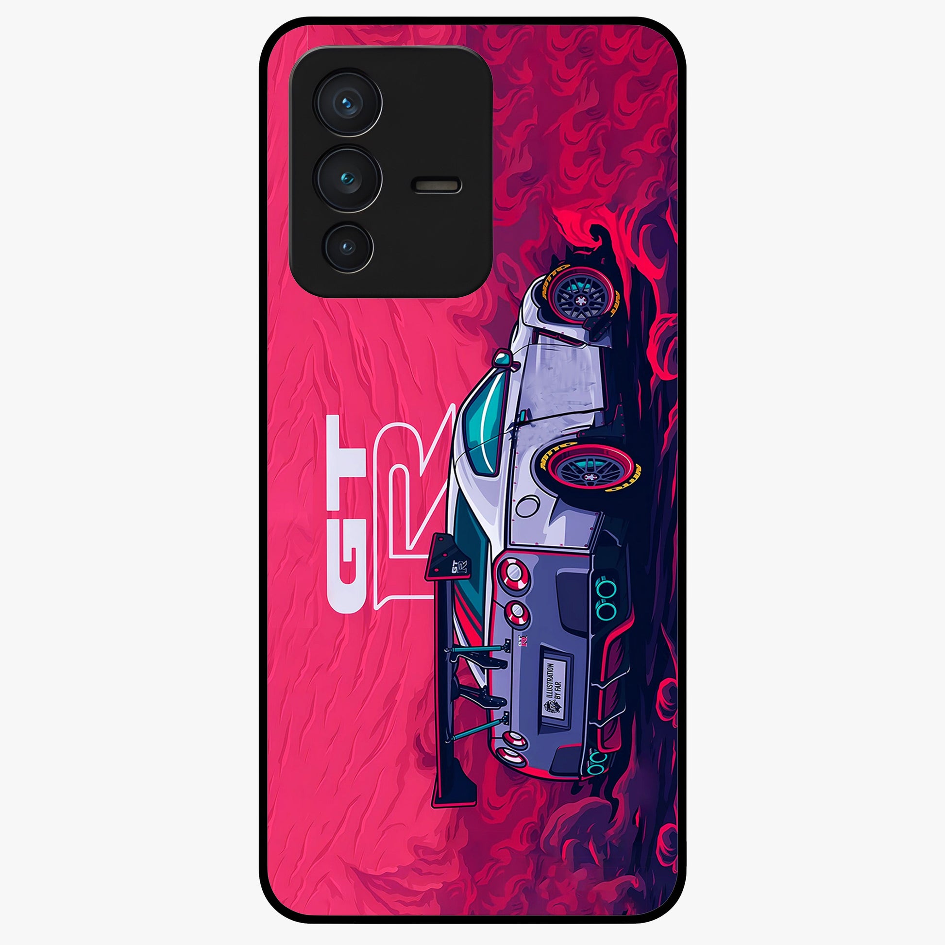 GT-R Car Pattern Glass Case showing flat back view with sporty car inspired pattern artwork and glossy glass finish.