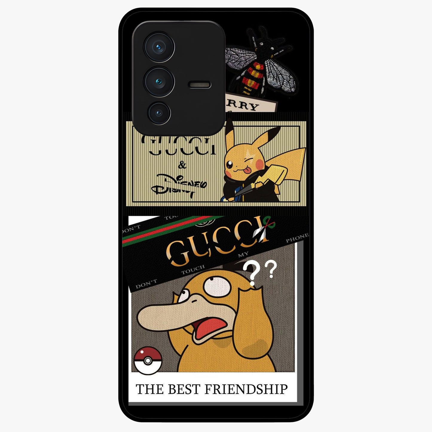 Gucci Play Mashup Glass Case showing flat back view with luxury inspired graphic artwork and glossy glass finish.