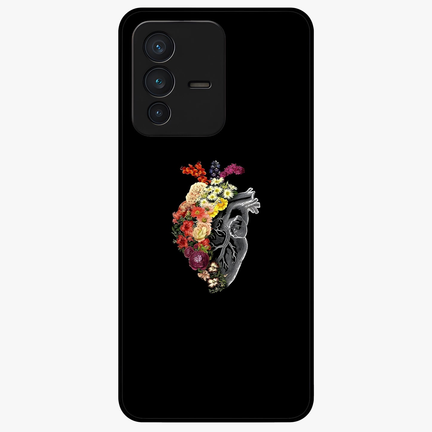 Heart With Flowers Glass Case showing flat back view with heart shaped floral artwork and glossy glass finish.