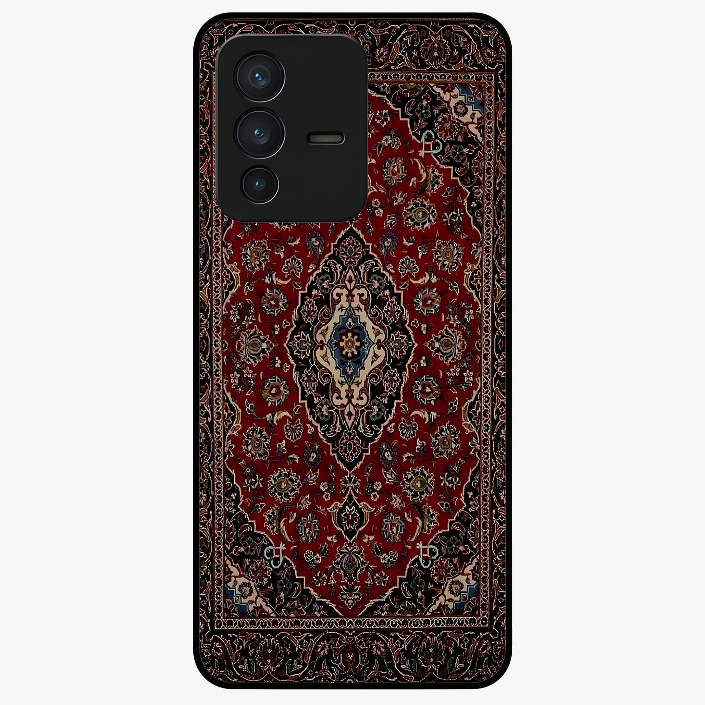 Heritage Carpet Royale Glass Case showing flat back view with ornate Persian carpet inspired pattern and glossy glass finish.