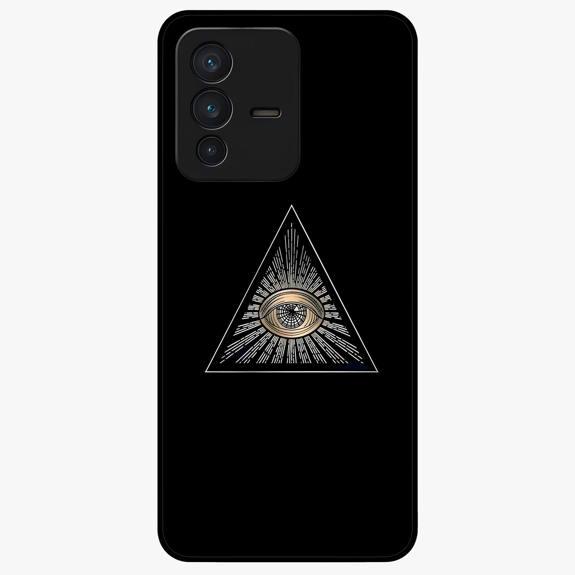 Illuminati Evil Glass Case showing flat back view with mysterious illuminati symbol artwork and glossy glass finish.