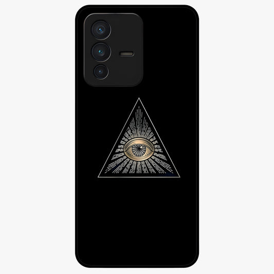 Illuminati Evil Glass Case showing flat back view with mysterious illuminati symbol artwork and glossy glass finish.