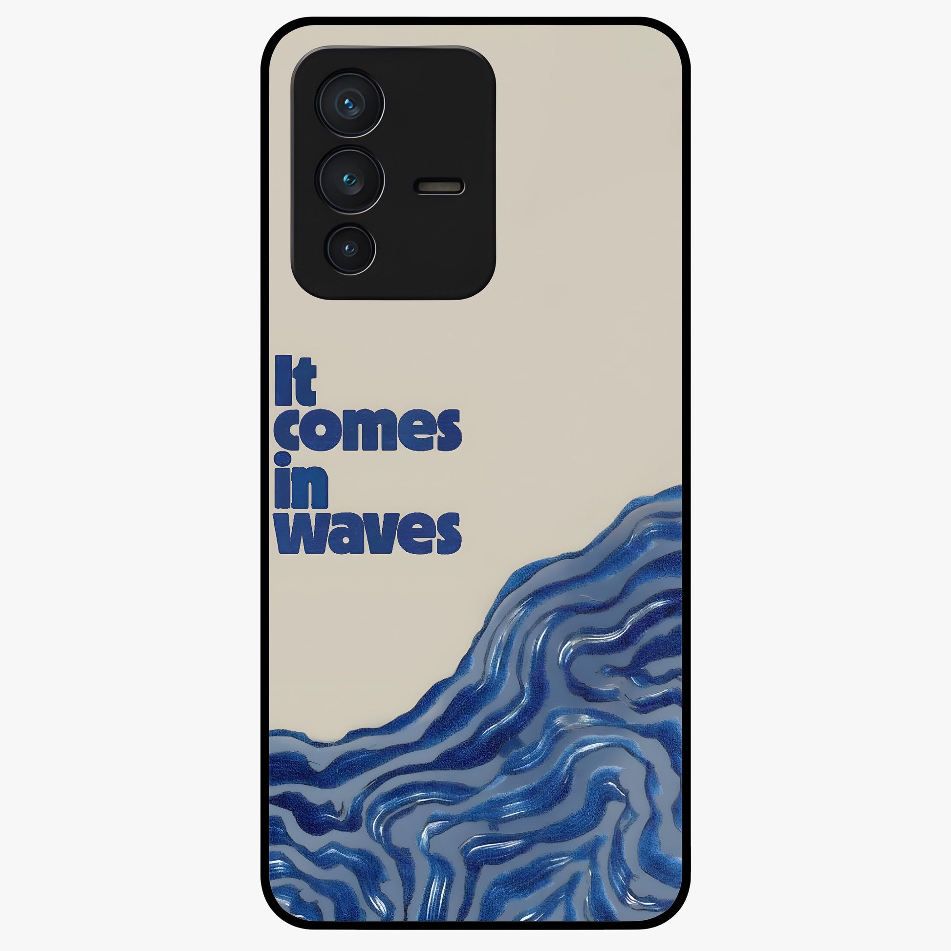 It Comes In Waves Quote Glass Case showing flat back view with inspirational wave themed quote artwork and glossy glass finish.