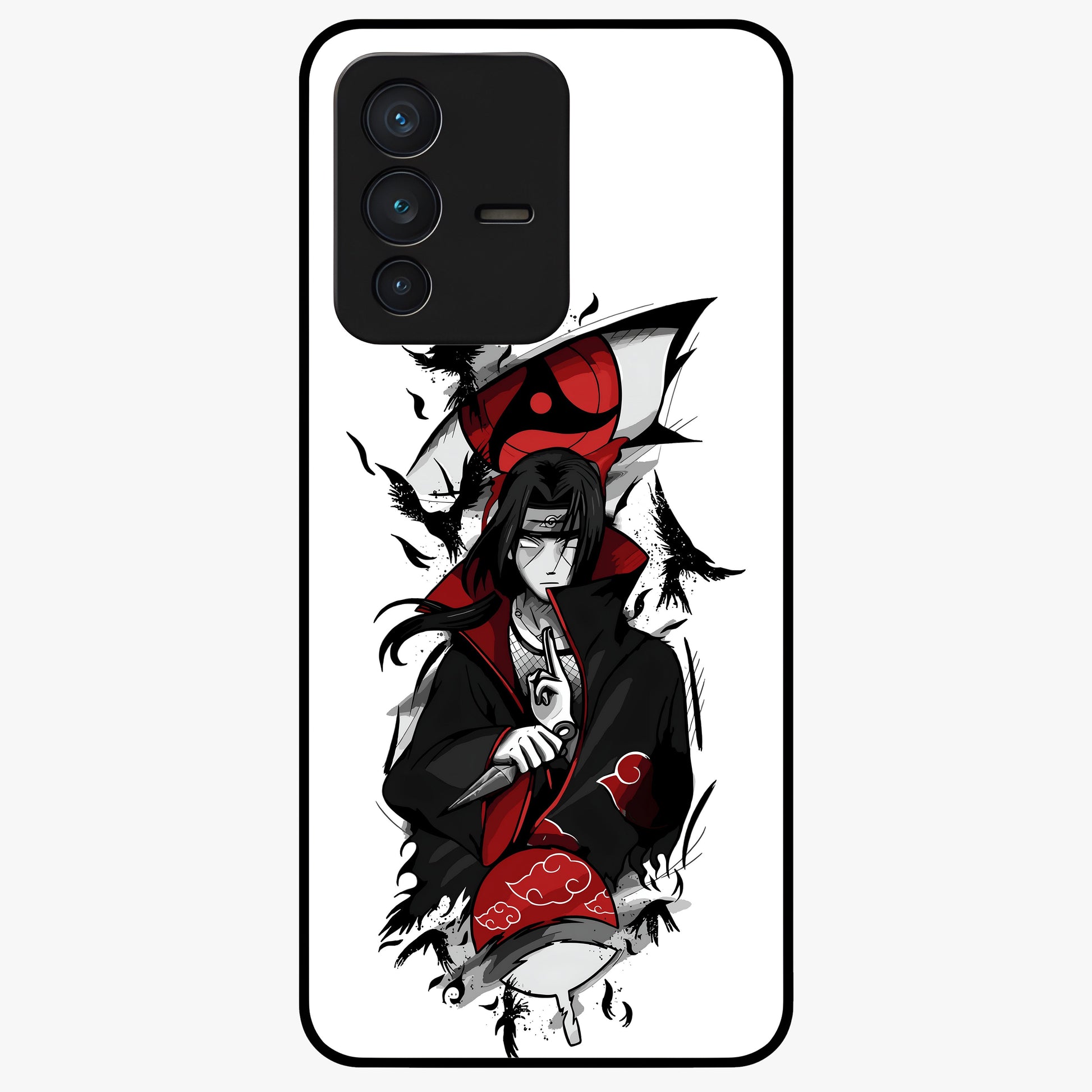 Itachi Sharingan Glass Case showing flat back view with powerful anime eye artwork and glossy glass finish.