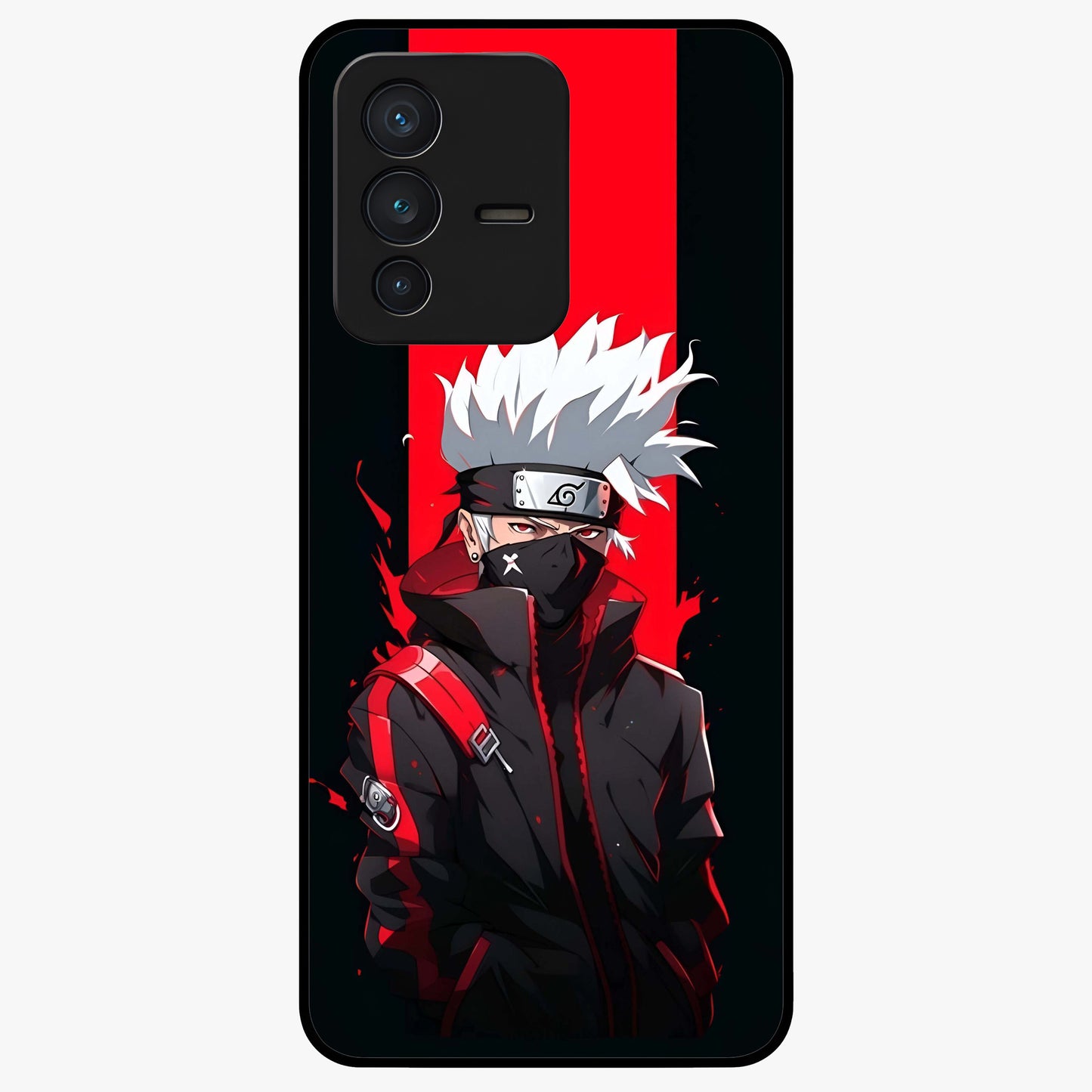 Kakashi Scarlet Shadow Glass Case showing flat back view with powerful anime ninja artwork and glossy glass finish.
