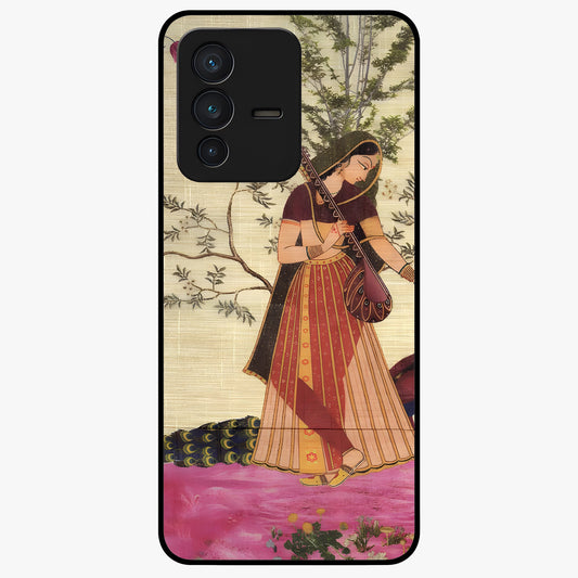 Lady With Veena Art Glass Case showing flat back view with elegant woman playing veena artwork and glossy glass finish.