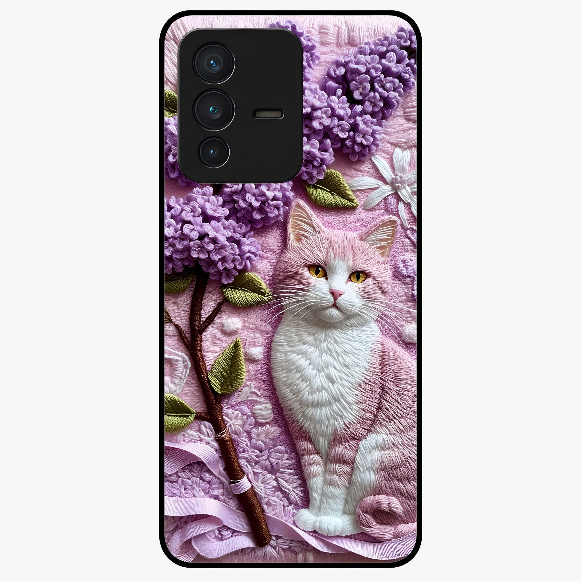 Lavender Cat Whimsy Glass Case showing flat back view with cute lavender cat artwork and glossy glass finish.