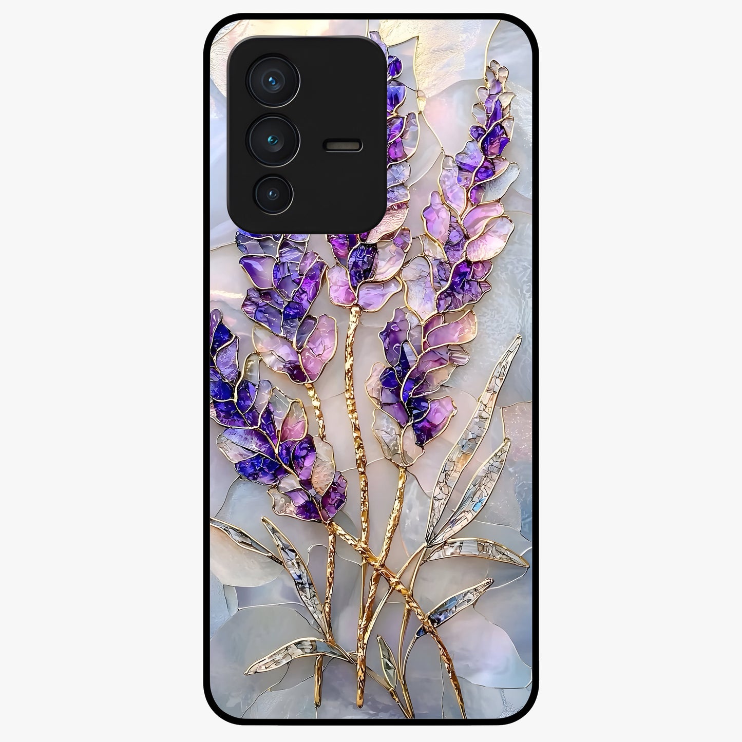 Lavender Dream Glow Glass Case showing flat back view with glowing lavender aesthetic artwork and glossy glass finish.
