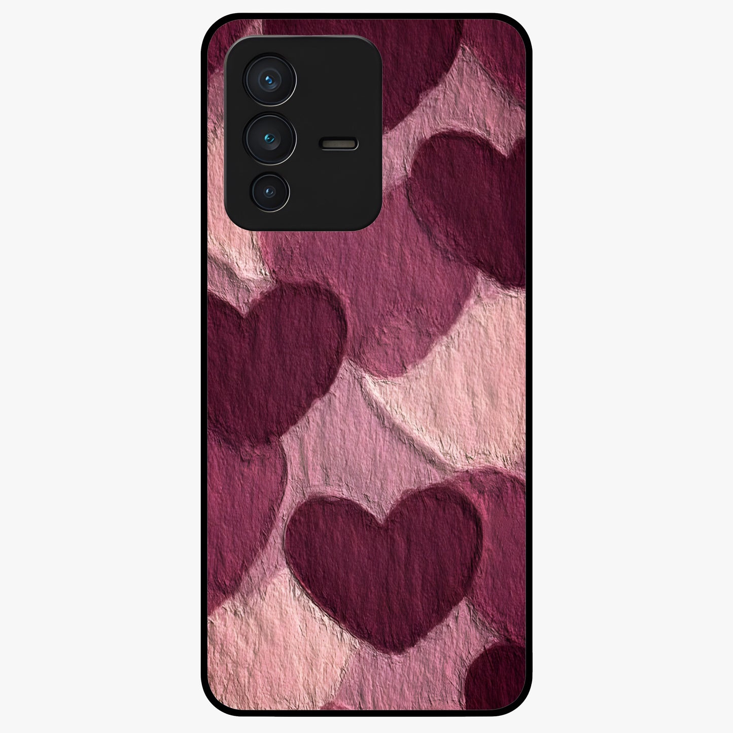 Layered Paper Hearts Glass Case showing flat back view with layered paper heart artwork and glossy glass finish.