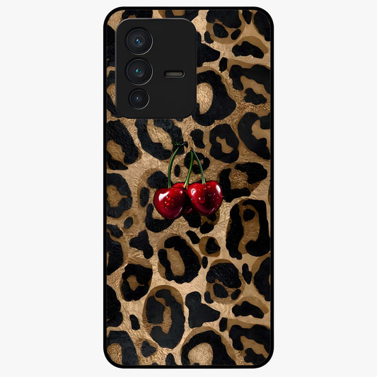 Leopard Wild Cherry Glass Case showing flat back view with leopard pattern and cherry artwork and glossy glass finish.