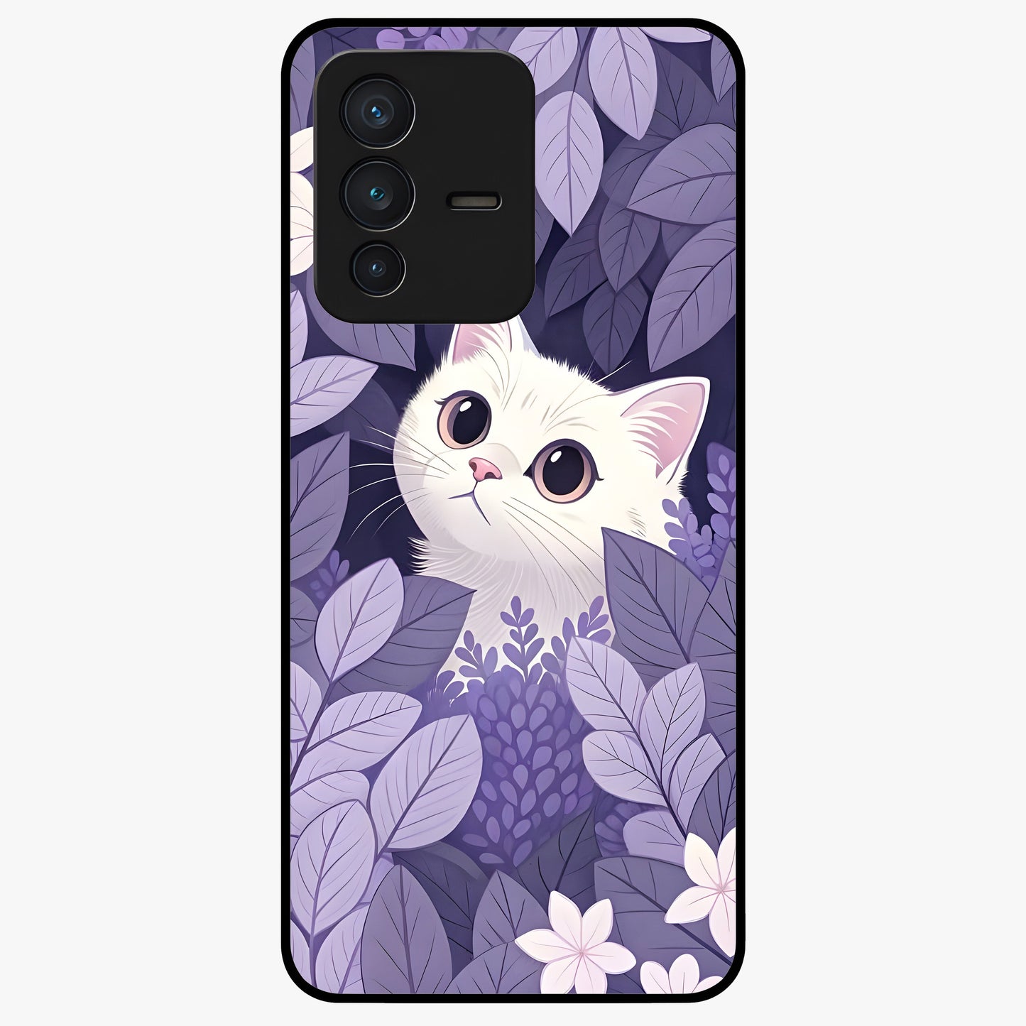 Lilac Hide Peek Cat Glass Case showing flat back view with cute peeking cat artwork and glossy glass finish.